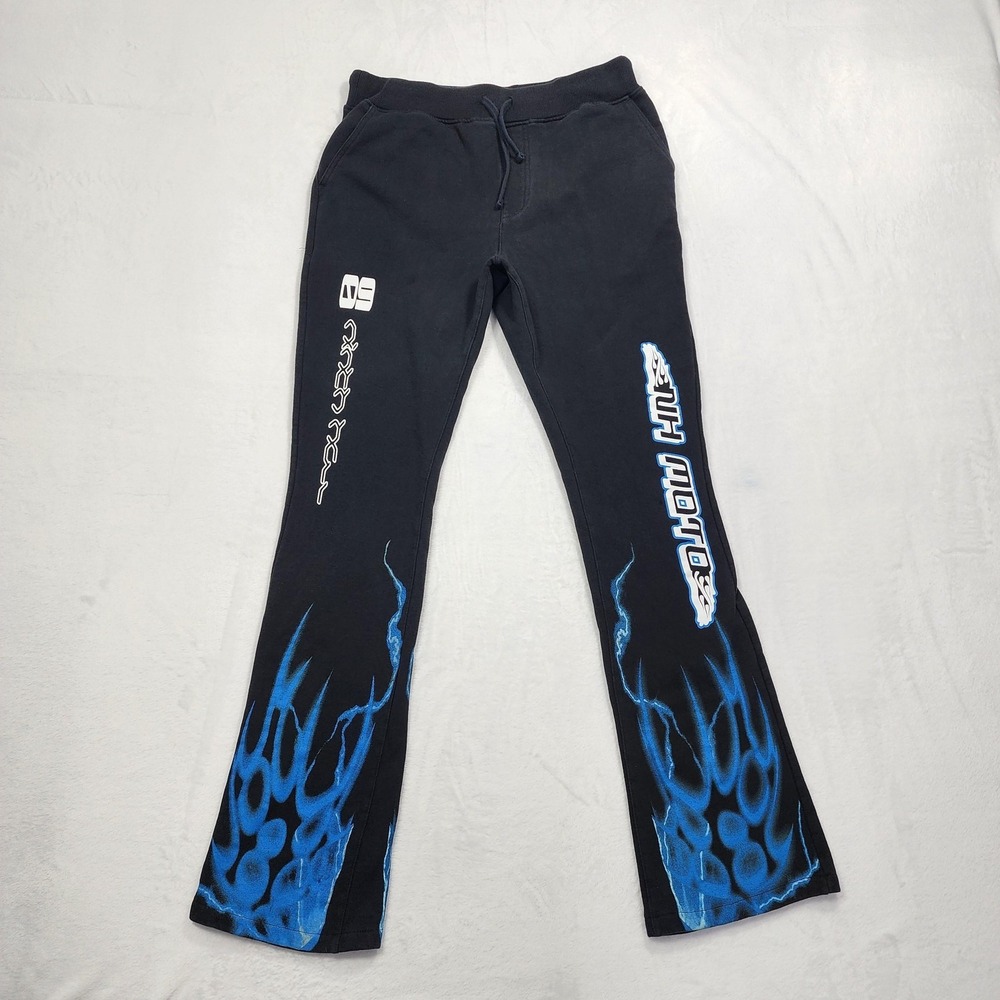 Ninth Hall Pants Mens L Black Blue‎ Flames Fire Stacked Flare Sweatpants Moto